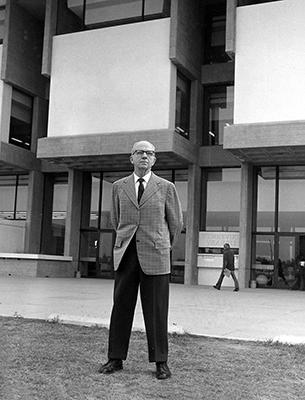 James Michener, in front of Michener Library
